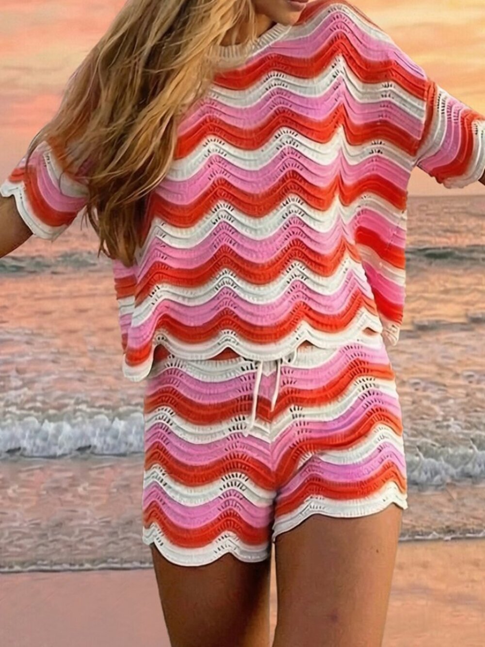 Multicolor Casual Women's Hollow Crochet Knit Short Sleeve Top And Shorts Set